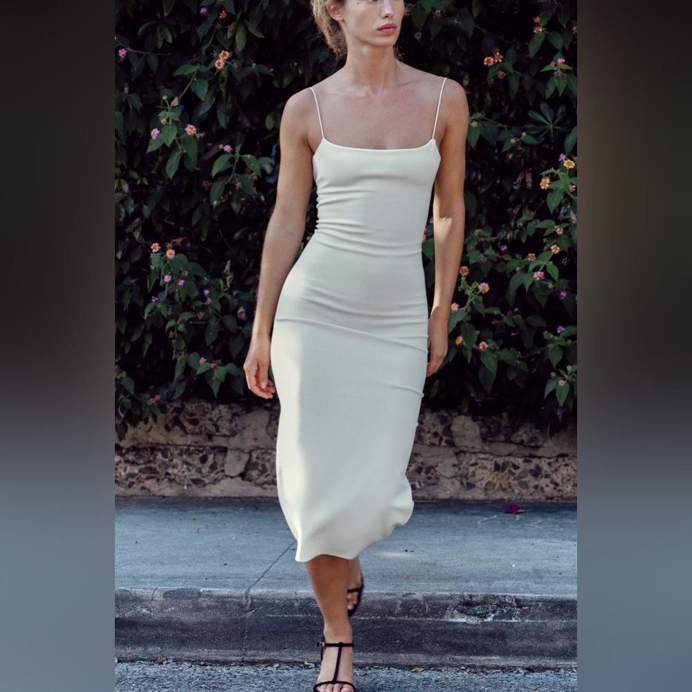 Zara Oyster White Stretch Midi Dress - Picture 3 of 13